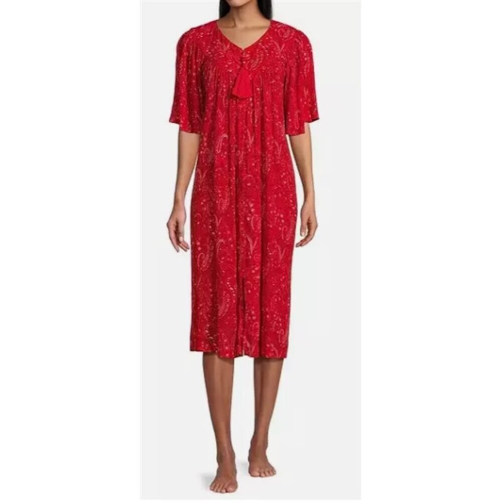 NWT Go Softly S Patio Dress Kaftan Short Sleeve Zip Crinkle Red Paisley 124597